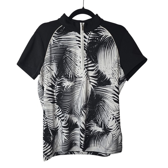 Ruby Rd Women's Black & White Palm Print Short Sleeve 1/4 Zip Pullover Top - Picture 1 of 4